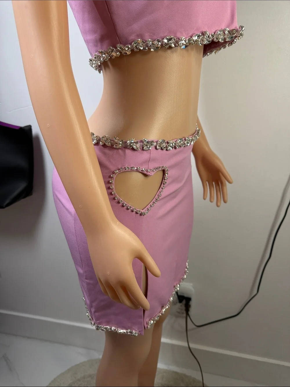 Pink Rhinestone Heart Cutout Crop Top & Skirt Set